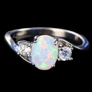 Women’s White Fire Opal Ring With Cubic Zirconias 14K White Gold Band